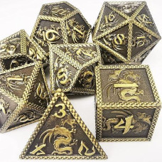 Haomeja New Dragon Pattern Metal Dice Set D&D 7Pcs Dnd Used For Dungeon And Dragon Dice Games Ancient Bronze