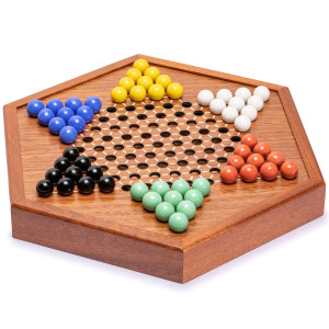 Yellow Mountain Imports Wooden Chinese Checkers Halma Board Game Set (12.7 Inches) With Storage Drawer And Solid Color Glass Marbles (16-Millimeter)