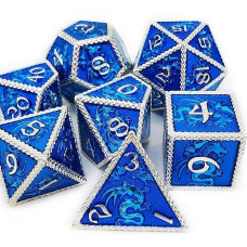 Haomeja Dnd Metal Dice Dragon Set 7 Role Playing Dice D&D Solid Dice Dungeons And Dragons Silver Blue