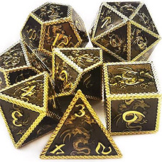 Haomeja Dnd Metal Dice Dragon Set 7 Role Playing Dice D&D Solid Dice Dungeons And Dragons Golden Black