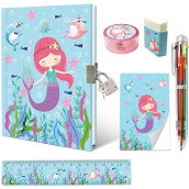 girls Diary with Lock, Kids Journal Stationary Set for Pre School Teen Learning Writing Drawing Age 6,8,10,12 Years Mermaid gift with Notebook Memo NotePad Six Multicolored Pen Ruler Sharpener Eraser