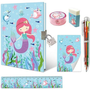 Mermaid Girls Diary With Lock, Notebook For Girls Gifts Set Incl. 7X5.4� Kids Journal With 6-Multicolored Pen Memo Pad Ruler Sharpener Eraser For Children Writing Drawing Age 6 7 8 9 10 Years