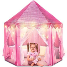 Foxprint Castle Princess Tents For Little Girls With Lights, Soft Fairy Star Lighting For Indoor And Outdoor Play, Quick 55� X 53� Pop Up Canopy, Relaxation And Creative Space For Kids, Pink