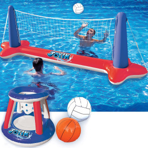Sloosh Inflatable Pool Float Set Volleyball Net & Basketball Hoops, Balls Included For Kids And Adults Swimming Game Toy, Summer Floaties, Volleyball Court Basketball,Red