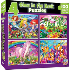 Masterpieces 100 Piece Glow In The Dark Puzzle Set For Kids - 4-Pack Purple Glow - Screen-Free Fun!
