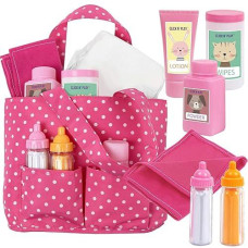 Click N' Play Baby Girl Doll Diaper Bag, Pink Soft Carrying Bag Including Cleaning, Caring, & Feeding Accessories - Baby Doll Bottles, Towel, Powder, Lotion, Wipes