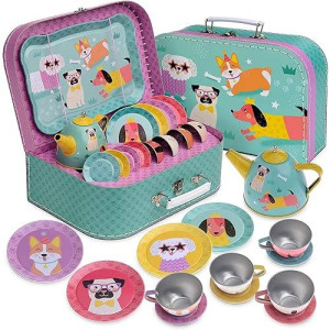 Jewelkeeper Toddler Toys Tea Set For Little Girls - 15 Pcs Tin Tea Set For Kids Tea Time Includes Teapot, 4 Tea Cup And Saucers Set & 4 Snack Plates , Dogs Tea Party Set With Carrying Case