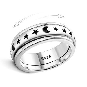 Milacolato 925 Sterling Silver Anxiety Ring For Women Men Platinum Plated Sterling Silver Band Fidget Ring Moon Star Spinner Ring Stress Anxiety Relief Item, Size 10