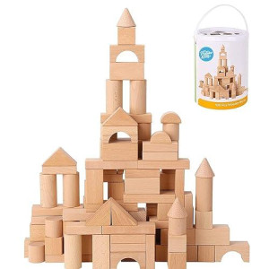 Pidoko Kids Wooden Blocks - 100 Pcs - Building Blocks For Toddlers - Includes Storage Container With Shape Sorter Lid - Natural Beech Wood Blocks - Preschool Learning Toys Stacking Block
