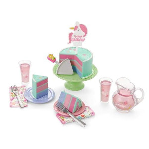 American Girl Welliewishers Birthday Treat Set For 14.5-Inch Dolls With Rainbow Birthday Cake, Unicorn Cake Topper, Two Cake Slices, Green Cake Stand, Cake Server, Ages 4+,Pink