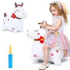 Iplay, Ilearn Bouncy Pals White Hopping Horse, Inflatable Bouncing Animal Hopper Toy W/Pump, Plush Ride On Bouncer, Indoor Outdoor Birthday Gifts For 18 24 Month 2 3 4 5 Year Old Toddler Kid Boy Girl