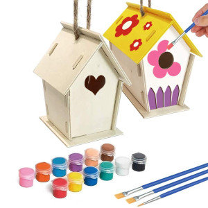 Craft Diy Bird House Kit 2 Pack Diy Unfinished Wood Bird House Build And Paint Your Backyard Birdhouse, Art Craft Wood Toys For Kids Girls Boys Includes Paints Brushes