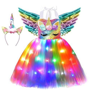 Soyoekbt Girls Unicorn Costume LED Light Up Unicorn Princess Tutu Dress for Birthday Party Halloween with Headband Wing