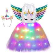 Soyoekbt Girls Unicorn Costume Led Light Up Unicorn Princess Dress Birthday Party Outfit Halloween Tutu Dress Sequin+Rainbow Led 3-4Years