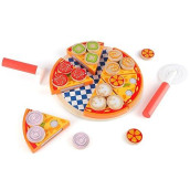 Steventoys Wooden Pizza Cutting Toy, Pretend Play Pizza Set, Pizza Play Food, Fast Food Cooking Kitchen Educational Montessori Toys For Toddler,Kids