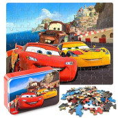 Lelemon Cars 100 Pieces Jigsaw Puzzles For Kids Ages 4-8 Lightning Puzzles In Metal Box, Children Learning Educational Puzzles For Boys And Girls