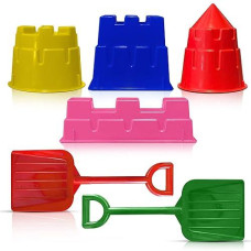 Back Bay Play Sand Castle Molds Beach Toys Kit - Snow & Sand Toys Sets For Kids Outdoor Sandbox Toys For Toddlers 1.5 Year And Up Made In Usa Colors May Vary (6 Piece With Shovels)