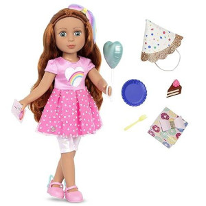 Glitter Girls - Cicely 14-Inch Poseable Birthday Party Doll - Red Hair & Green Eyes - Rainbow Heart Dress, Birthday Hat, Cake, Balloon, Gift - Toys, Clothes, And Accessories For Kids Ages 3+
