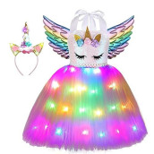 Viyorshop Girl Unicorn Costume Unicorn Tutu Dress Rainbow Led Light Up Birthday Party Outfit For Halloween Party Costumes (Sequins, 3-4T)