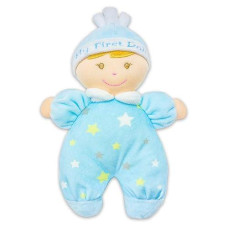 June Garden 9" My First Doll Noah - Soft Plush Baby Doll With Rattle - Baby Blue Outfit