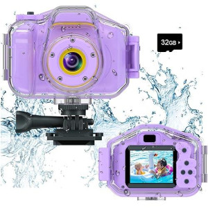 Agoigo Kids Waterproof Underwater Camera Toys For 3-12 Year Old Boys Girls Christmas Birthday Gifts Children Hd Video Digital Cameras 2 Inch Ips Screen With 32Gb Card (Purple)