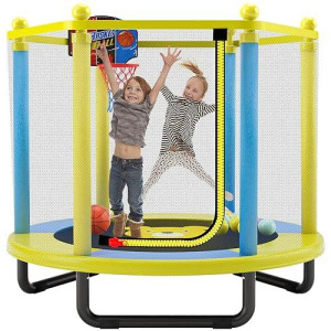 60", 5Ft Mini Baby Toddler Recreational Trampoline With Basketball Hoop, Enclosure Net, Birthday Gifts For Indoor Outdoor Children, Kids(Yellow)