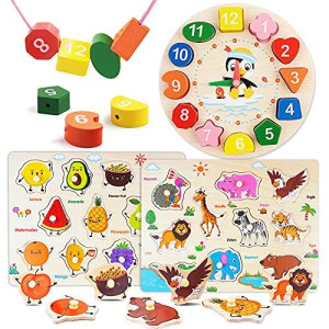 Wooden Puzzles For Toddlers, 3 Pack Wooden Shape Sorting Clock Puzzles For Toddler, Montessori Cognitive Matching And Sorting Early Education Wooden Puzzle Gift For Boys And Girls 1-6 Years Old