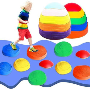 Omnisafe Balance Stepping Stones For Kids, Non-Slip Textured Surface And Rubber Edges, Indoor & Outdoor Obstacle Course Toy, Exercise Coordination & Strength (Set Of 10 Colorful River Stones)
