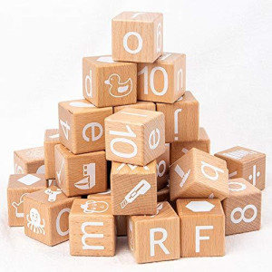 Wooden Cubes, 31 Pcs Wooden Abc Building Blocks For Toddlers, 1.18Inch,Engraved Baby Alphabet Letters, Counting & Building Block Set,Toddler Blocks Toys For 3+ Year Old Boy And Girl Gifts