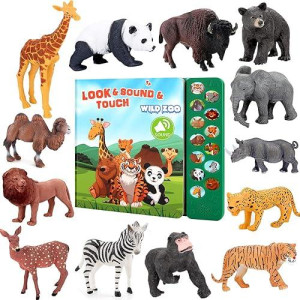Tudoccy Safari Animals Figures Toys - 13 Realistic Wild Plastic Animal Figurines Kids Sound Book - Educational Learning Toys gift for 3 Years Old Up Boys girls Toddlers