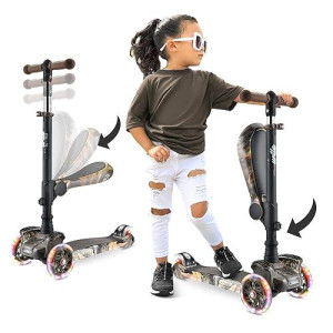 Hurtle Kids Scooter - Child Toddler Kick Scooter Toy With Foldable Seat - 3 Wheel Scooter With Adjustable Height, Anti-Slip Deck, Flashing Wheel Lights, For Boys/Girls 1-12 Year Old, Real Tree