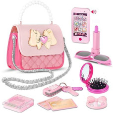 Fash N Kolor Princess Purse Pretend Play Princess Toys Set, Pink Fashion Hand Bag Includes Lipstick, Makeup Box,Sunglasses, Play Phone,Keys And More, Great Gift Set, Perfect For Girls