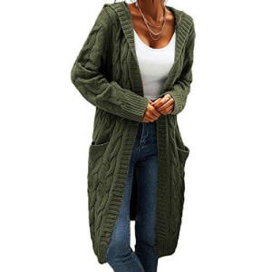 Women Hooded Open Front Cardigan Cable Knit Sweaters Solid Color Chunky Long Sweater Coats