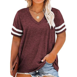 Happy Sailed Womens Plus Size Tunic Tops Summer Short Sleeve V Neck Striped Loose Casual Tee Shirt,3X Red