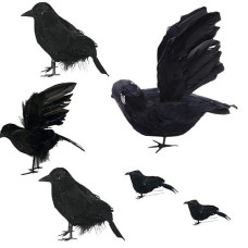 6 Pack Realistic Black Feathered Crow Bird, Halloween Artificial Handmade Feathered Crows, Scary Fly And Stand Lifelike Ravens Birds For Halloween Party Outdoors And Indoors Decoration