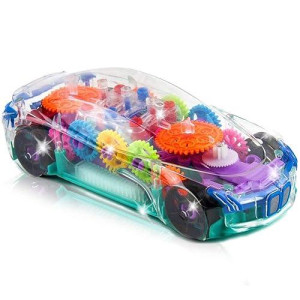 Artcreativity Light Up Transparent Car Toy For Kids, 1Pc, Bump And Go Toy Car With Colorful Moving Gears, Music, And Led Effects, Fun Educational Toy For Kids, Great Birthday Gift Idea