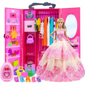 Zita Element 11.5 Inch Girl Doll Closet Wardrobe With Clothes And Accessories Set 101 Pcs Including Wardrobe Suitcase Clothes Dresses Swimsuits Shoes Hangers Necklace Bags And Other Stuff