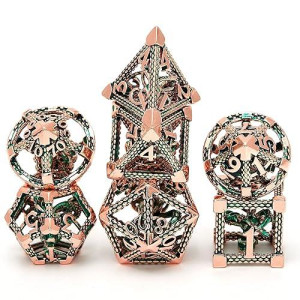 Hollow Metal Dnd Game Dice Octopus Head Suck Monster Rose Gold And Green 7Pcs Set For Dungeons And Dragons Rpg Mtg Table Games D&D Pathfinder Shadowrun And Math Teaching (With Metal Case)