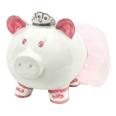 Princess Ballerina Porcelain Piggy Bank For Girls With Swarovski Crystal Crown & Pink Tutu, With Rubber Stopper