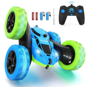 Hamdol Remote Control Car For 6-12 Year Old Double Sided 360�Rotating 4Wd Rc Cars With Headlights 2.4Ghz Electric Rechargeable Race Stunt Toy Car For Boys Girls Birthday (Blue&Green)
