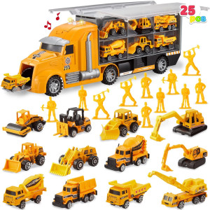 Joyin 25 In 1 Die-Cast Construction Truck Vehicle Toy Set, Play Vehicles Set With Sounds And Lights In Carrier Truck, Push And Go Vehicle Car Toy, Kids Birthday Gifts For Over 3 Years Old Boys