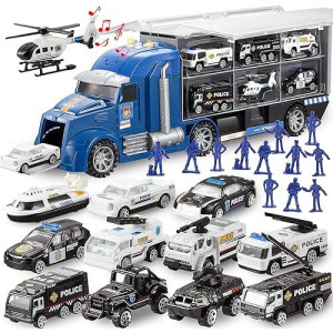 Joyin 25 In 1 Die-Cast Police Rescue Truck Car Toy Set With Sounds And Lights, Mini Police Vehicles In Carrier Truck, Play Police Patrol, Birthday Gifts For Over 3 Years Old Boys