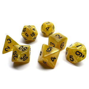 Marble Swirl Polyhedral Dice Set - 7 Piece Dice Set With One D20, D12, D10, D8, D6, D4, And D00 (Burnt Yellow Swirl With Black Font)