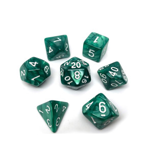 Marble Swirl Polyhedral Dice Set - 7 Piece Dice Set With One D20, D12, D10, D8, D6, D4, And D00 (Green Marble With White Font)