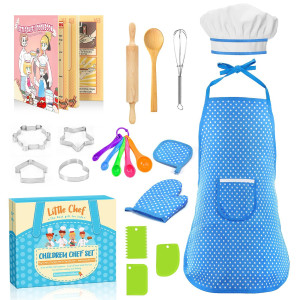 Toyze Apron For Kids Cooking Toys For 3-8 Year Old Girls Boys, Chef Costume For Kids Chef Hat And Apron,Easter Birthday Gifts For Girls Boys 20 Pcs Blue-With Cookbook