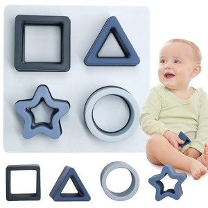 Hetomi Baby Stacking Building Blocks Silicone Teething&Squeezing Shape Sorter Puzzle Montessori Sensory Toys For Babies Toddlers 6 To 12 Months(Blue)