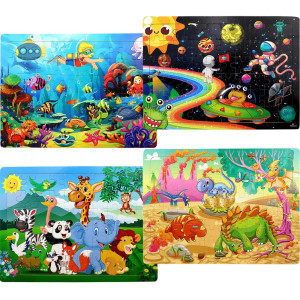 Puzzles For Kids Ages 4-8, 4 Pack Wooden Jigsaw Puzzles 60 Pieces Animal Dinosaur Puzzle Preschool Educational Learning Toys Set For Boys And Girls