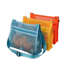 Muyizi Mesh Bag For Holding Beach Shell,Toys (Blue&Yellow&Orange 3Pack) Shell Collecting Bags For Kids, For Picking Up Shells