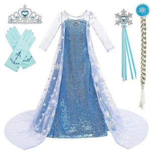 Princess Costume Long Cape Birthday Party Dress Up With Crown,Magic Wand,Wig,Gloves For Little Girls 9-10 Years(150Cm,K32)