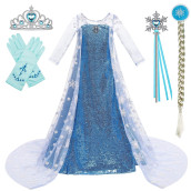 Princess Costume Long Cape Birthday Party Dress Up With Crown,Magic Wand,Wig,Gloves For Little Girls 7-8 Years(130Cm,K32)